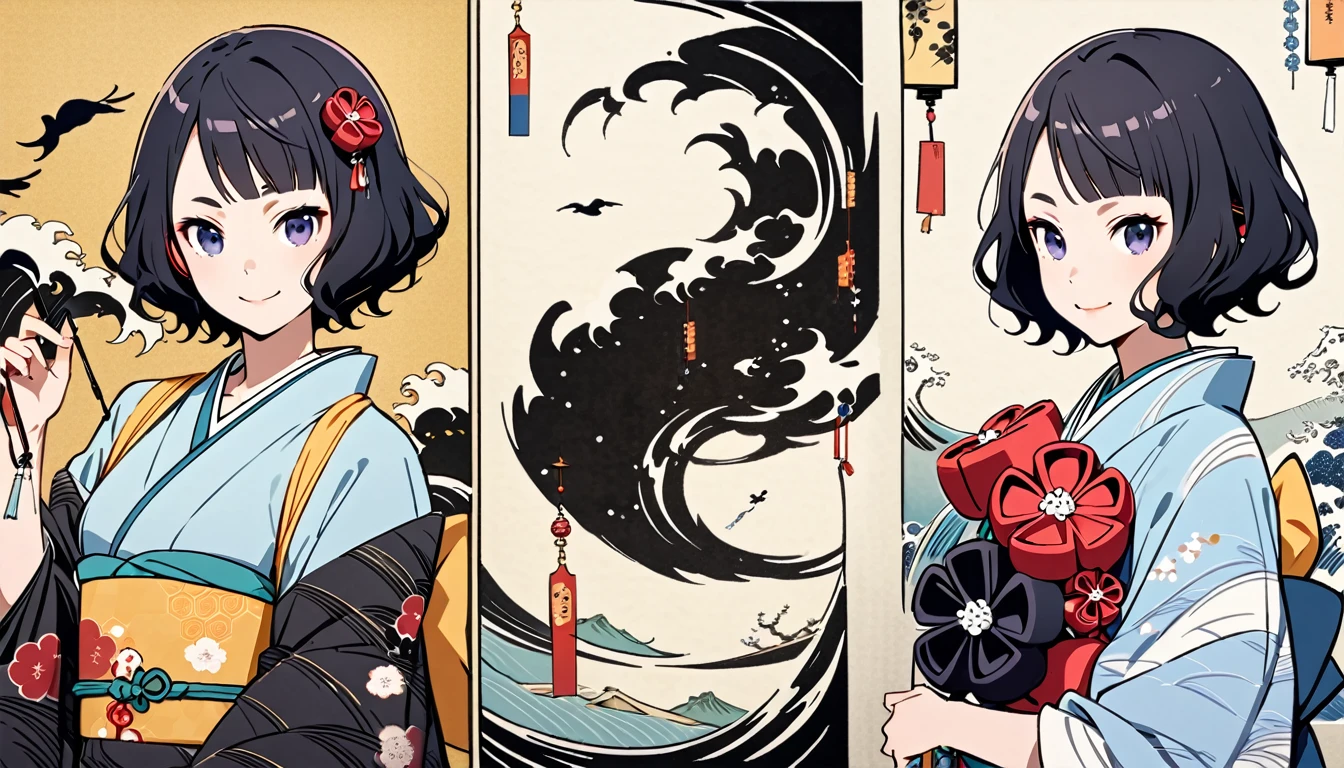 Highest quality, Katsushika Hokusai, Ink Painting, (((shorthair))), (((light blue kimono))), (((smile))), Japanese style headphones, wind chimes, beautiful girl, Black Hair, Delicate and precise, Modern ukiyo-e style,