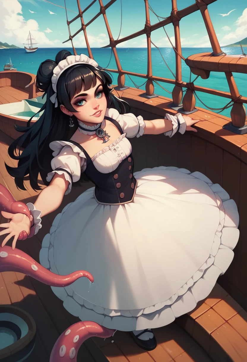 Giant girl leaning out of the sea. She wears a gothic dress, dress with ruffles, Innocent laughter, Grab and sink the ship, Wooden boat. Tentacles extending from the sea, View from the ship.