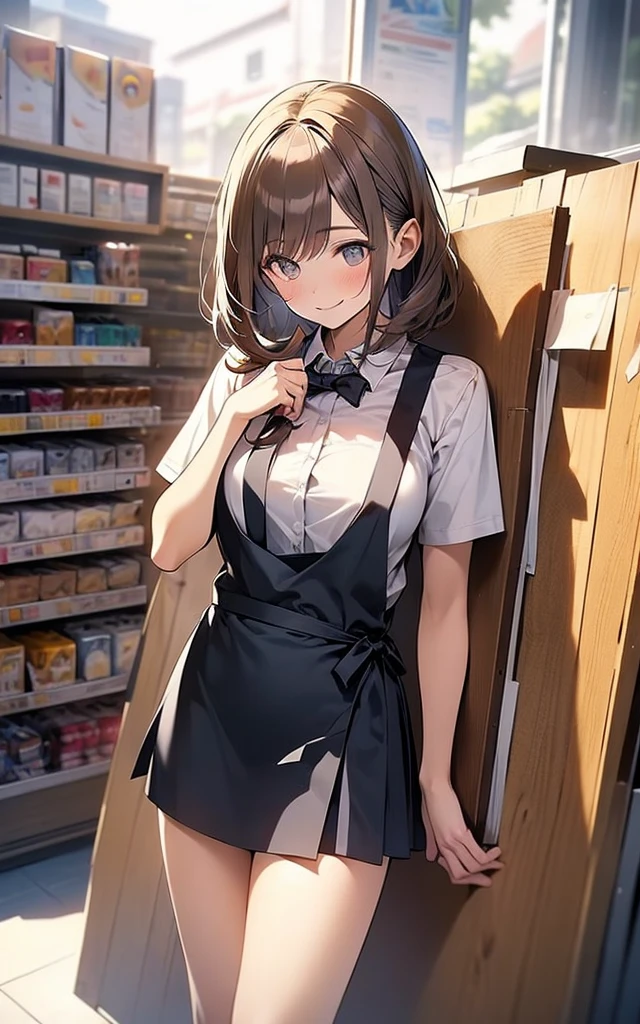 nsfw
(No sideburns),
(brown bob short bangs hair), (bob medium length hair),
(put your hair up:0.2),(Gorgeous, voluminous cabaret club girl hairstyle),
(brown Princess bangs), (brown hair), (bob medium length hair), (middle_length waved hair), (vertical roll medium length hair), (bangs hair),
Masterpiece, high quality, extremely detailed, cute with glowing white skin, eyelashes and cute blonde eyes, アニメ, gorgeous background-centered composition,
(Best quality, 32k, photos of cute Japanese women),
(Realistic skin texture),
(Raw photo: 0.8),
(The background is inside the store Adult Shop book store DVD Shop Poster of a nude model on the wall),
(A pale light shines through),
cool-lighting,
1girl,
detailed face and breast,
17 years old,
tall,
(Schoolgirl short sleeve apron uniform mini skirt),
(An innocent smile:1.0),
(looking away:1.2),
(Open your eyes slightly:1.0),
(Droopy eyes:1.1),
(closed mouth:1.0),
(Ultra Dynamic Angle:1.2),