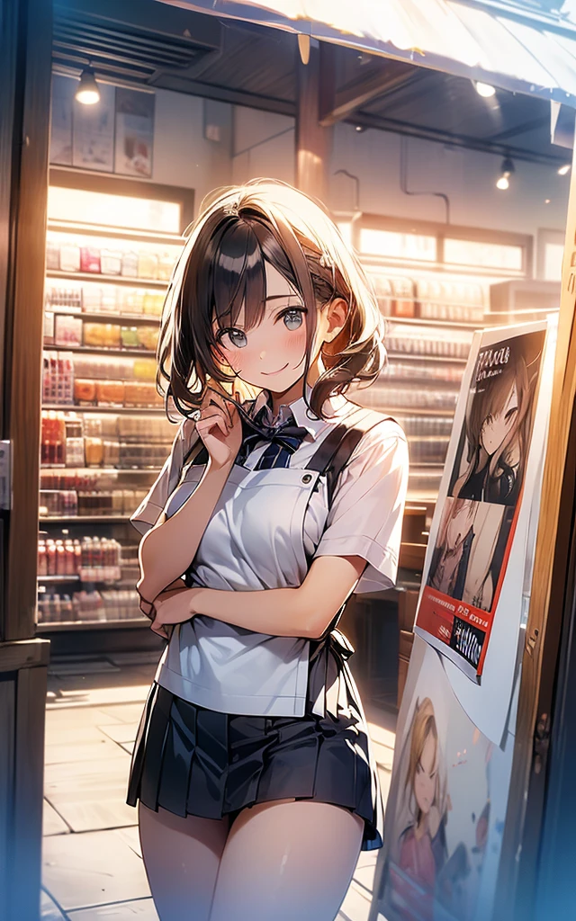 nsfw
(No sideburns),
(brown bob short bangs hair), (bob medium length hair),
(put your hair up:0.2),(Gorgeous, voluminous cabaret club girl hairstyle),
(brown Princess bangs), (brown hair), (bob medium length hair), (middle_length waved hair), (vertical roll medium length hair), (bangs hair),
Masterpiece, high quality, extremely detailed, cute with glowing white skin, eyelashes and cute blonde eyes, アニメ, gorgeous background-centered composition,
(Best quality, 32k, photos of cute Japanese women),
(Realistic skin texture),
(Raw photo: 0.8),
(The background is inside the store Adult Shop book store DVD Shop Poster of a nude model on the wall),
(A pale light shines through),
cool-lighting,
1girl,
detailed face and breast,
,
tall,
(Schoolgirl short sleeve apron uniform mini skirt),
(An innocent smile:1.0),
(looking away:1.2),
(Open your eyes slightly:1.0),
(Droopy eyes:1.1),
(closed mouth:1.0),
(Ultra Dynamic Angle:1.2),