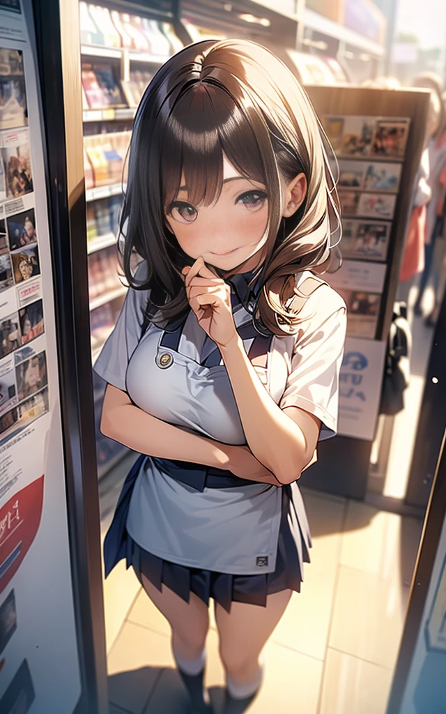 nsfw
(No sideburns),
(brown bob short bangs hair), (bob medium length hair),
(put your hair up:0.2),(Gorgeous, voluminous cabaret club girl hairstyle),
(brown Princess bangs), (brown hair), (bob medium length hair), (middle_length waved hair), (vertical roll medium length hair), (bangs hair),
Masterpiece, high quality, extremely detailed, cute with glowing white skin, eyelashes and cute blonde eyes, アニメ, gorgeous background-centered composition,
(Best quality, 32k, photos of cute Japanese women),
(Realistic skin texture),
(Raw photo: 0.8),
(The background is inside the store Adult Shop book store DVD Shop Poster of a nude model on the wall),
(A pale light shines through),
cool-lighting,
1girl,
detailed face and breast,
,
tall,
(Schoolgirl short sleeve apron uniform mini skirt),
(An innocent smile:1.0),
(looking away:1.2),
(Open your eyes slightly:1.0),
(Droopy eyes:1.1),
(closed mouth:1.0),
(Ultra Dynamic Angle:1.2),