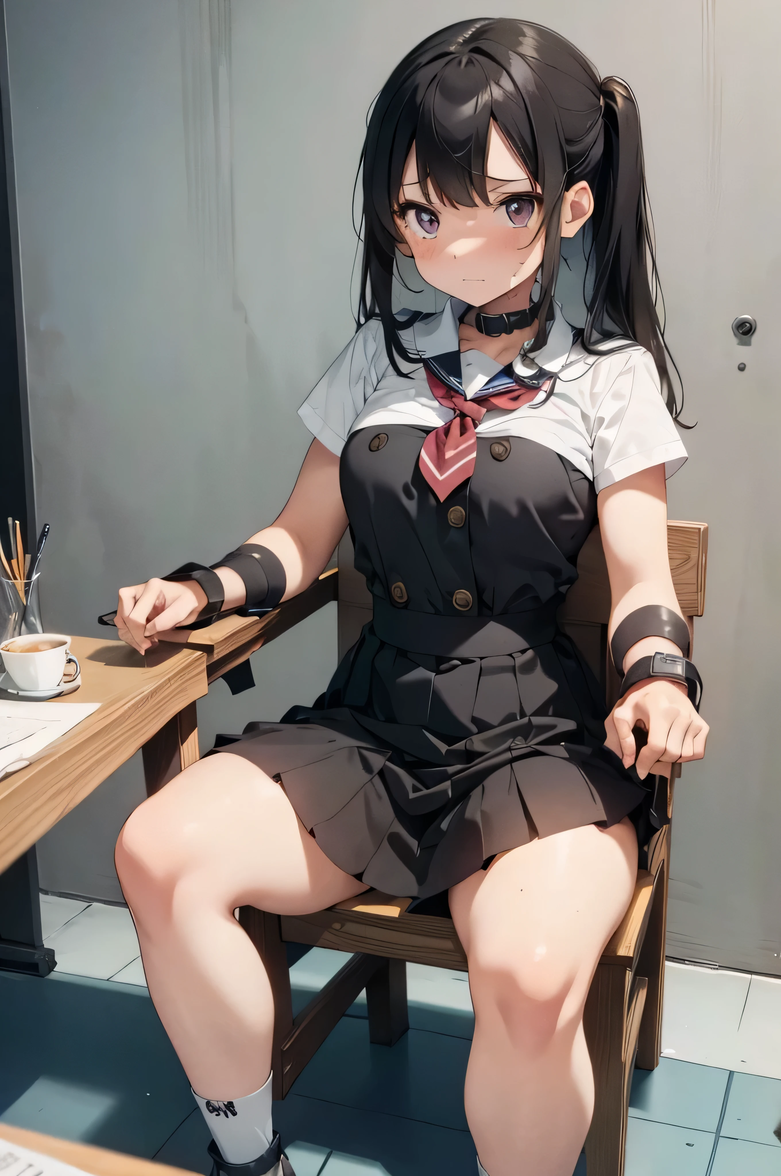 1 girl, (blushing, terrified, crying), tied to a chair, strapped to chair, (tight clothing, short sleeve, mini-skirt, sailor uniform, shoeless), ((inside basement, kidnapped)), long hair, (wrist cuffs, ankle cuffs, wrists tied, ankles tied), perfect body, big chest, big thighs, detailed face, detailed eyes, sharp focus, full body