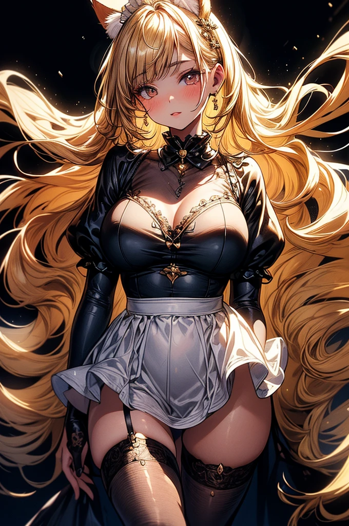 ((highest quality)),(ultra high resolution),(Super detailed),(detailed description),((best CG)),(best work of art),super precision art, great drawing art,(Art with precise details:1.5), (1 woman:1.5), beautiful and well-shaped face:1.5,(Beautiful skin with precise and detailed depiction:1.6),(Very precisely depicted French Maid outfit),provocative angle:1.6,gorgeous, masterpiece, best quality, high-resolution, finely detailed, extremely detailed and beautiful, distinct-image, 1 girl, solo, White French Maid Uniform, beautiful young age girl, 13 yarly white skin, Blonde braided ponytail hair, adorable and cute facial features, golden-brown colored eyes, Black sheer stockings plump thick lips, tiny breasts, slender and slim toned body type, tall height(180cm), small narrow waist, wide curvy hips, plump large round ass, full body picture, cat-ears, cat tail