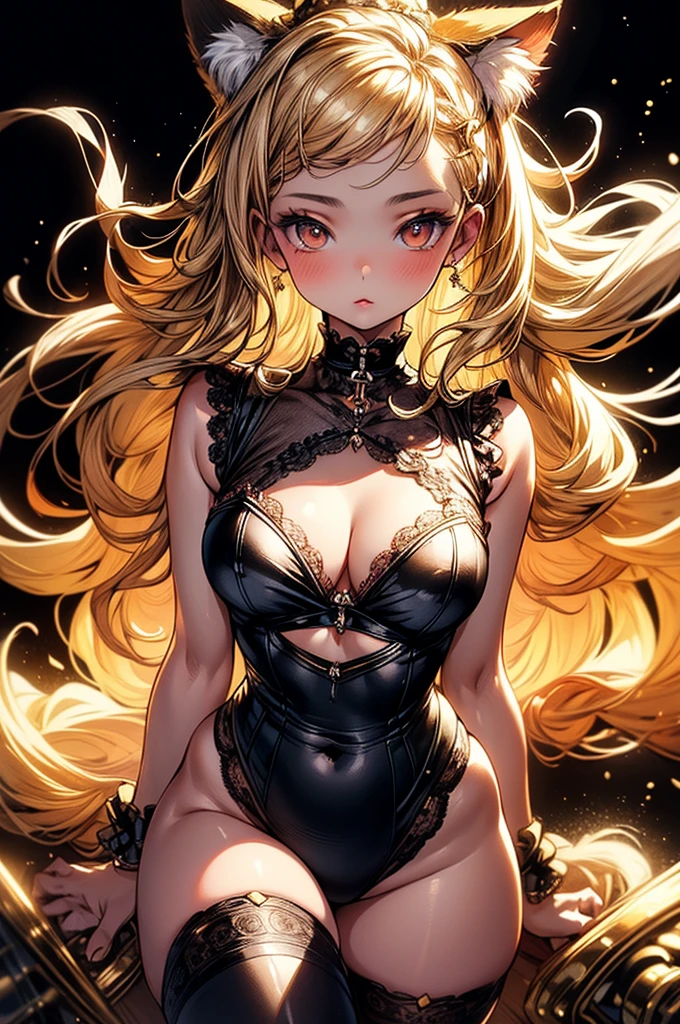((highest quality)),(ultra high resolution),(Super detailed),(detailed description),((best CG)),(best work of art),super precision art, great drawing art,(Art with precise details:1.5), (1 woman:1.5), beautiful and well-shaped face:1.5,(Beautiful skin with precise and detailed depiction:1.6),(Very precisely depicted French Maid outfit),provocative angle:1.6,gorgeous, masterpiece, best quality, high-resolution, finely detailed, extremely detailed and beautiful, distinct-image, 1 girl, solo, White French Maid Uniform, beautiful young age girl, 13 yarly white skin, Blonde braided ponytail hair, adorable and cute facial features, golden-brown colored eyes, Black sheer stockings plump thick lips, tiny breasts, slender and slim toned body type, tall height(180cm), small narrow waist, wide curvy hips, plump large round ass, full body picture, cat-ears, cat tail