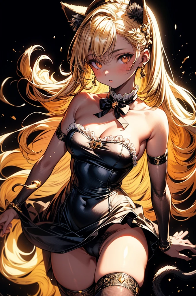 ((highest quality)),(ultra high resolution),(Super detailed),(detailed description),((best CG)),(best work of art),super precision art, great drawing art,(Art with precise details:1.5), (1 woman:1.5), beautiful and well-shaped face:1.5,(Beautiful skin with precise and detailed depiction:1.6),(Very precisely depicted French Maid outfit),provocative angle:1.6,gorgeous, masterpiece, best quality, high-resolution, finely detailed, extremely detailed and beautiful, distinct-image, 1 girl, solo, White French Maid Uniform, beautiful young teenage girl, 13 years old, pearly white skin, Blonde braided ponytail hair, adorable and cute facial features, golden-brown colored eyes, Black sheer stockings plump thick lips, tiny breasts, slender and slim toned body type, tall height(180cm), small narrow waist, wide curvy hips, plump large round ass, full body picture, cat-ears, cat tail