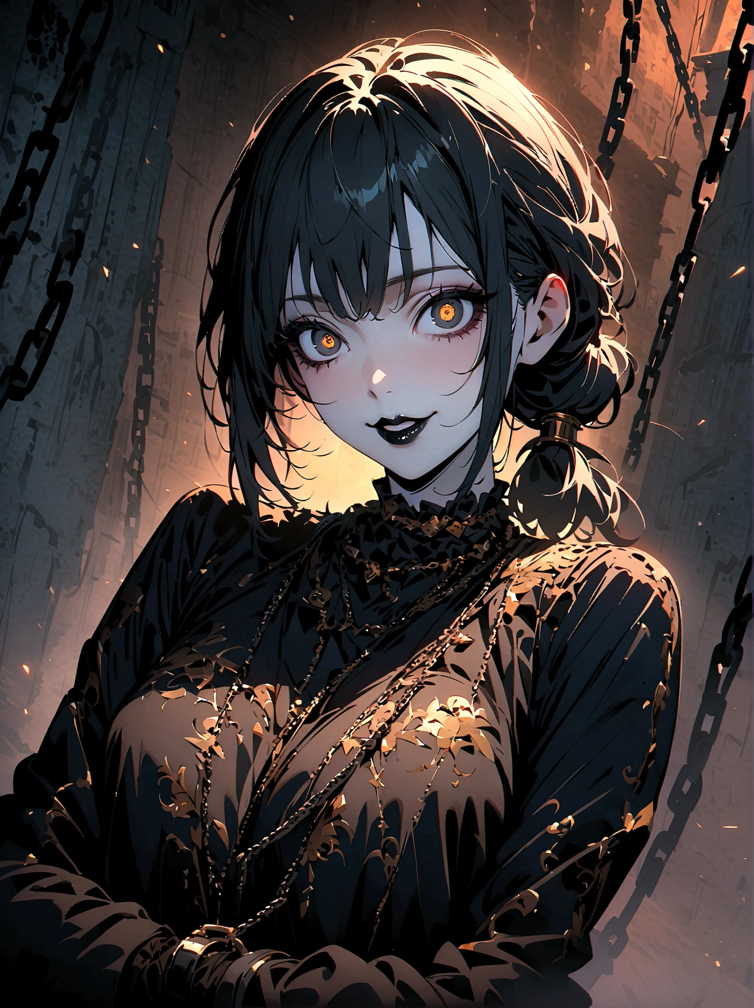 anime, goth style woman, chain accesories, dark clothes with a shade of gold, gold marks on clothes, ((black eyes)), chains tying her body, upper view, both arms on her back, she is hiding her arms on her back, Japanese-style hair tied and a little messy, dark gothic makeup, black lips, dark circles, smile, abandoned doll factory setting, horror, highres, ultra-detailed, (best quality,4k,highres,masterpiece),subdued colors, vivid colors, professional lighting, dark shadows, golden lightining, detailed lips, detailed eyes