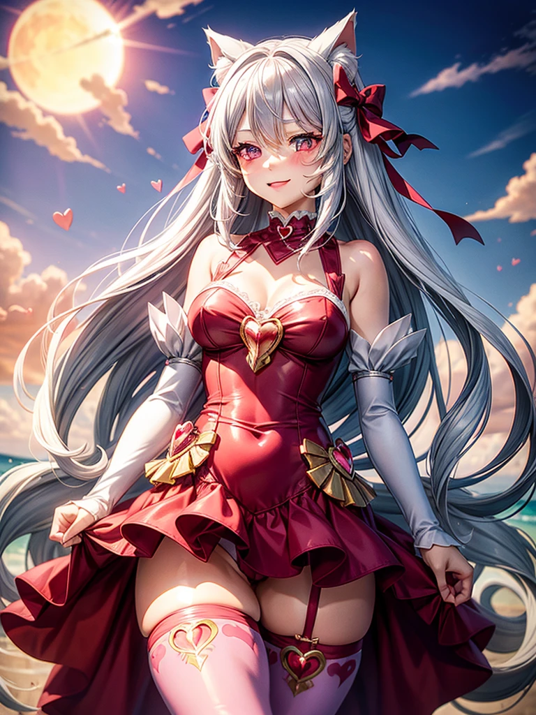 Silver hair, pink eyes, woman, sun and cloud background, red clothes, hair bows, happy face, mermaid outfit, sexy, cat ears, hearts, floating hearts, thigh up, thigh high tights