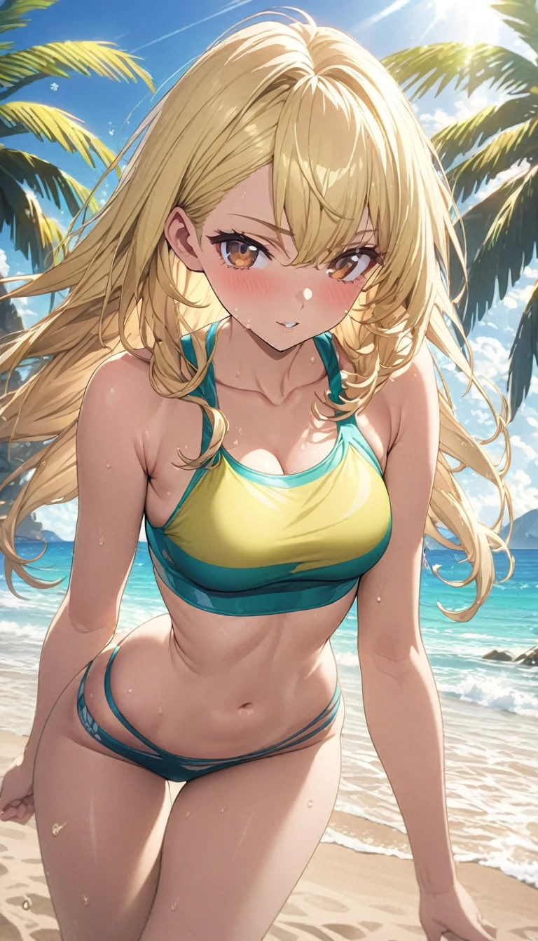 masterpiece, rich colors, Best quality, detailed, high resolution, Hyper quality, high detail, , high quality, detailing, skinny sexy girl on the beach , bright lighting , Brown eyes, Anime, palm trees, bright lighting, blonde,