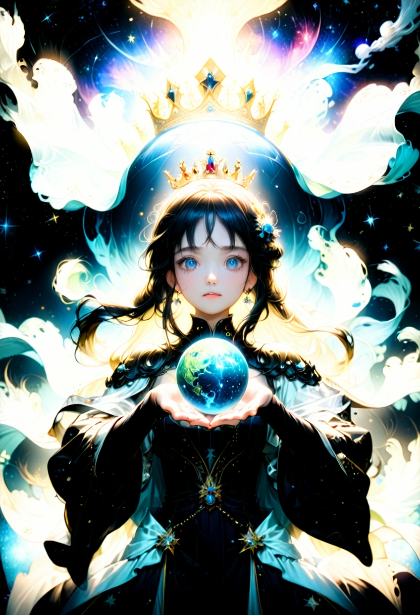 (Queen, crown), At the center of the screen is an empress wearing a crown, who appears to be the ruler of the Milky Way against the backdrop of a starry universe. Her fingers point towards the distant stars, while the other hand holds a small ball symbolizing Earth. The background is a dark universe and brilliant stars, (Photography), award-winning, cinematic still, emotional, vignette, dynamic, vivid, (masterpiece, best quality, Professional, perfect composition, very aesthetic, absurdres, ultra-detailed, intricate details:1.3)
