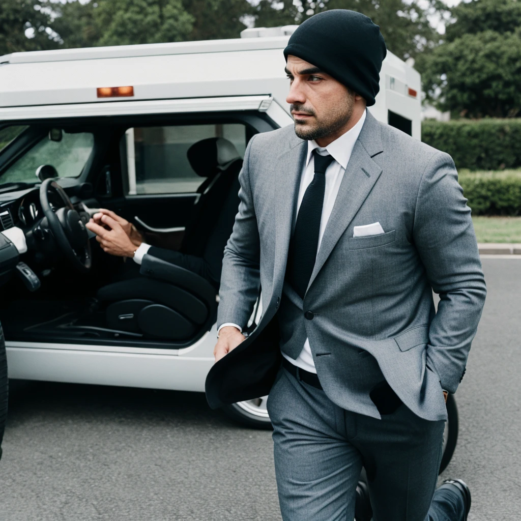 handsome and elegant mobster going to rob a bank while running away from the police in a big hurry 