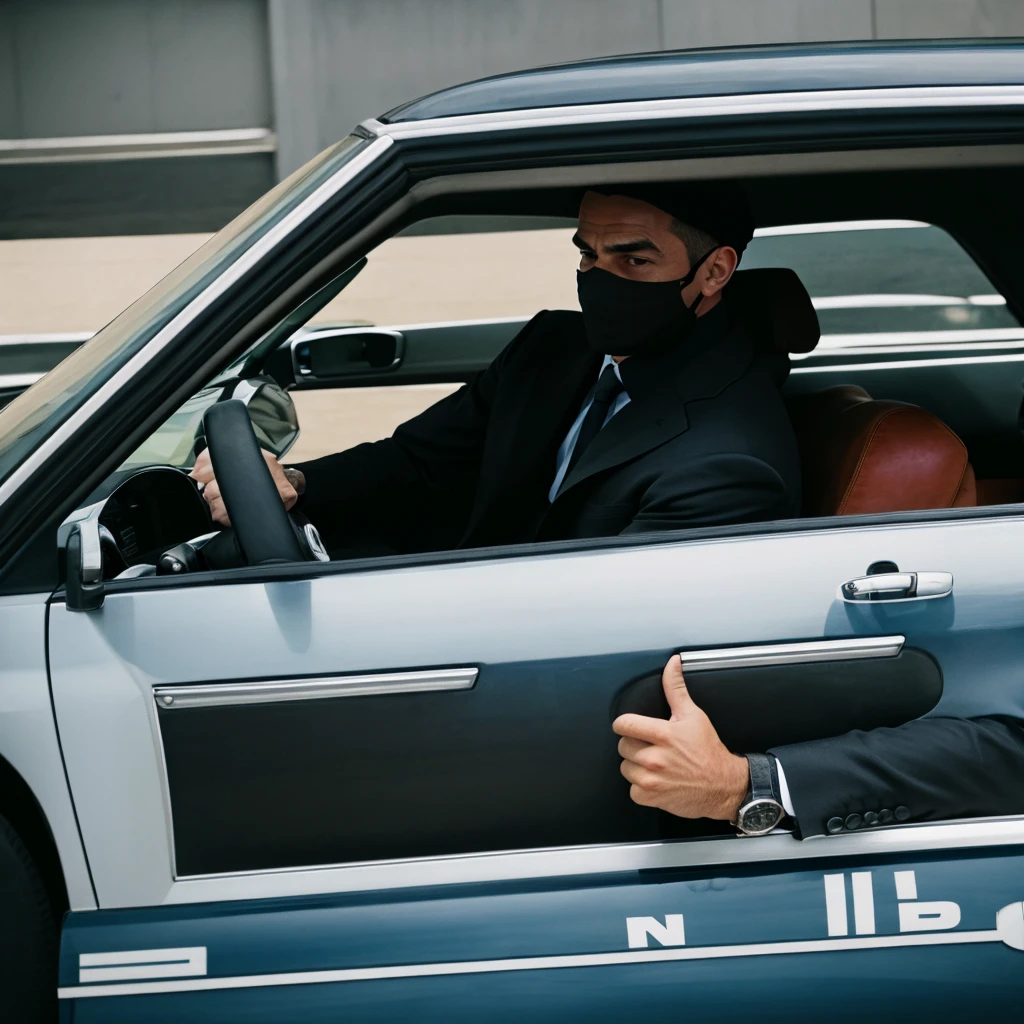 handsome and elegant mobster going to rob a bank while running away from the police in a big hurry