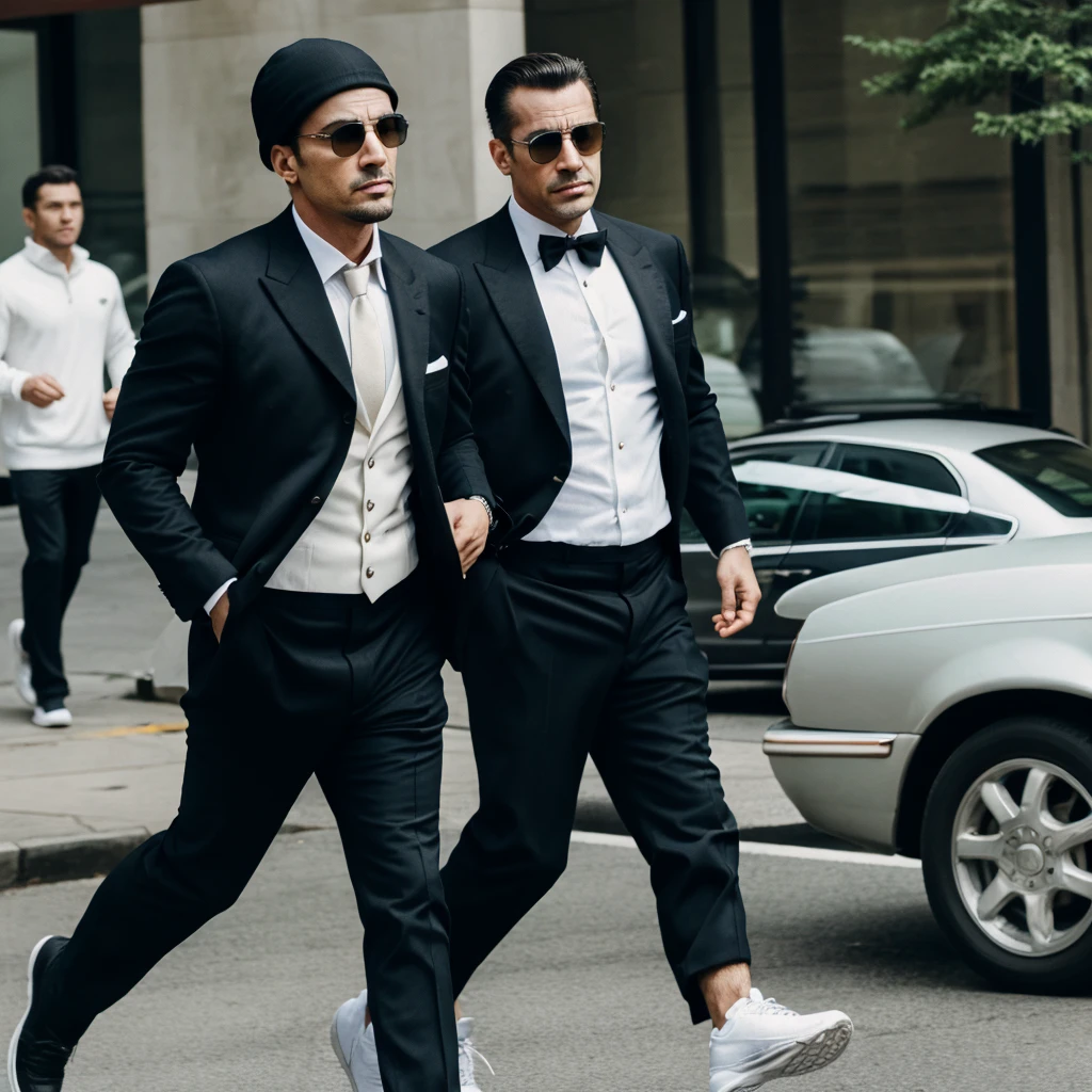 handsome and elegant mobster going to rob a bank while running away from the police in a big hurry 