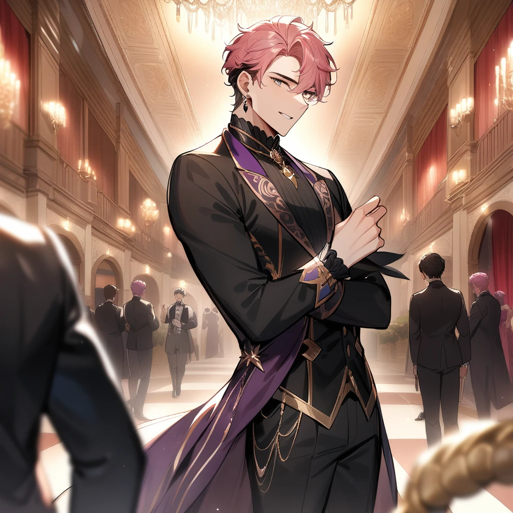 1boy, male focus, masterpiece, best quality, very aesthetic, absurdres, pink hair, bridgerton inspired, decadent, ballroom background