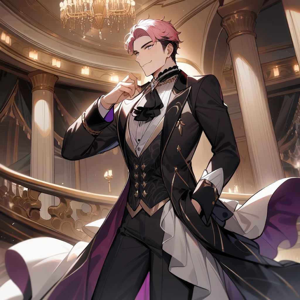 1boy, male focus, masterpiece, best quality, very aesthetic, absurdres, pink hair, bridgerton inspired, decadent, ballroom background