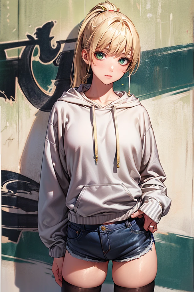 ((perfect anatomy:1.5,realistic,:1.3,RAW Photography:1.3,masterpiece、highest quality、Ultra - High resolution、High resolution、Highly detailed CG、8K)),cowboy shot,1 female,solo,20 year old beauty,(beautiful detailed face and eyes,big and gorgeous eyes),dark blue eyes,(blonde hair,ponytail hair,long hair,bangs),(medium breasts,slender body,small head,skinny, gleaming skin,oily skin,shiny skin)、standing position,((yellow-green hooded sweatshirt,Oversized hooded sweatshirt,Length that covers the buttocks:1.3、micro shorts、white_thighhighs)),bustling street、graffiti、Tokyo、