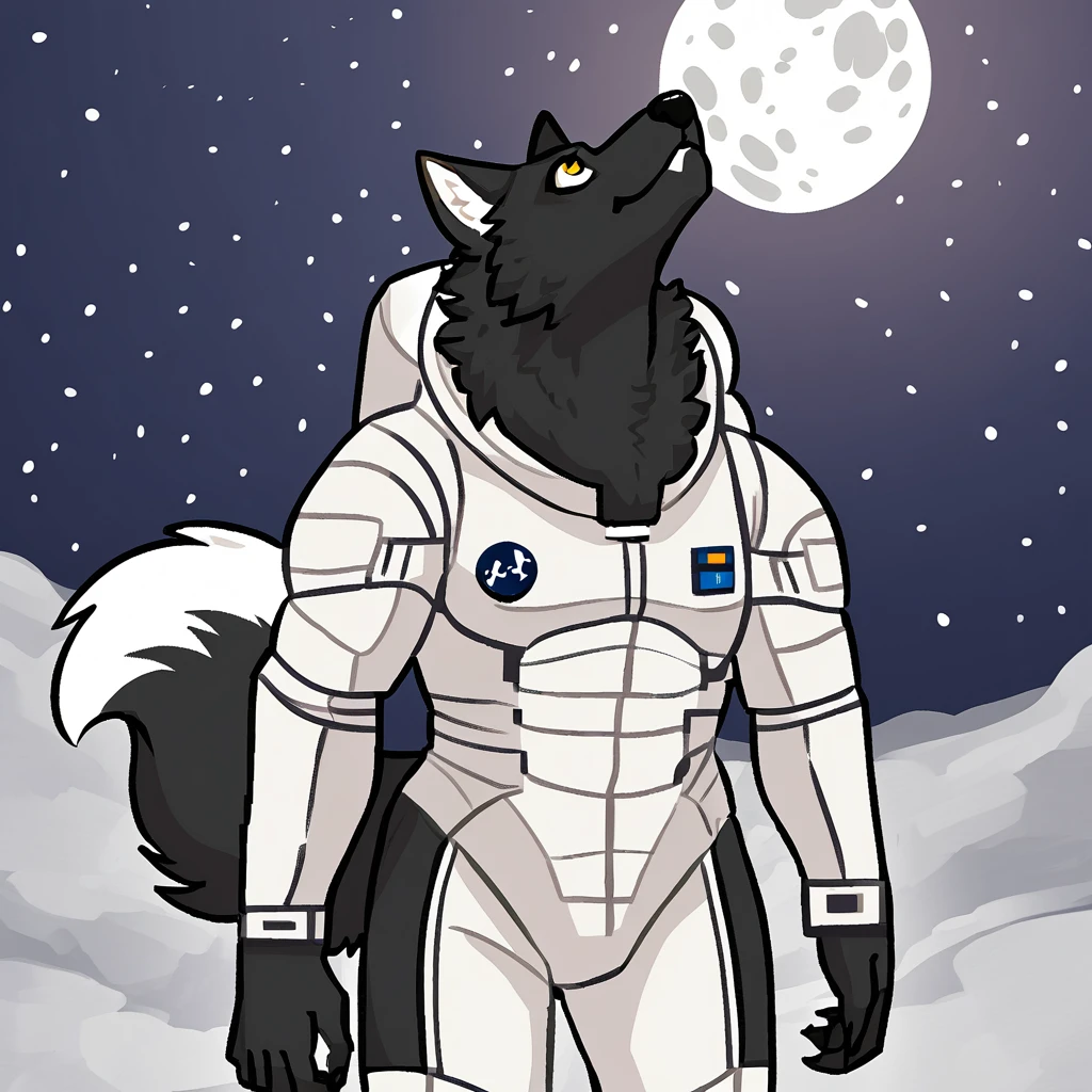 canid, canine, canis, mammal, mythological_canine, mythological_creature, were, werecanid, werecanine, werewolf, wolf, mythology, gold_eyes, anthro, biped, half_white_body, half_white_fur, half_black_body, half_black_fur, male, fingers, fluffy, fluffy_tail, fur, full_body, no_helmet, white_space_suit, walking_on_moon, looking_up, stars, full_body, solo, digital_media_(artwork), hi_res, masterpiece,