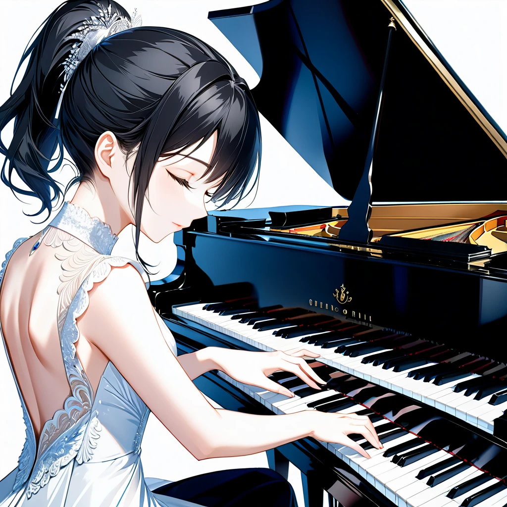 (((White background:1.5)))、(very wide shot)、(masterpiece、Ultra HD、Highest quality、Masterpiece、4K:1.2)、Slender body、Elegant pianist playing the piano、 Intricate details, Highly detailed fingers、Black hair ponytail、White elegant dress, Intricate details、(((close eyes:1.5)))