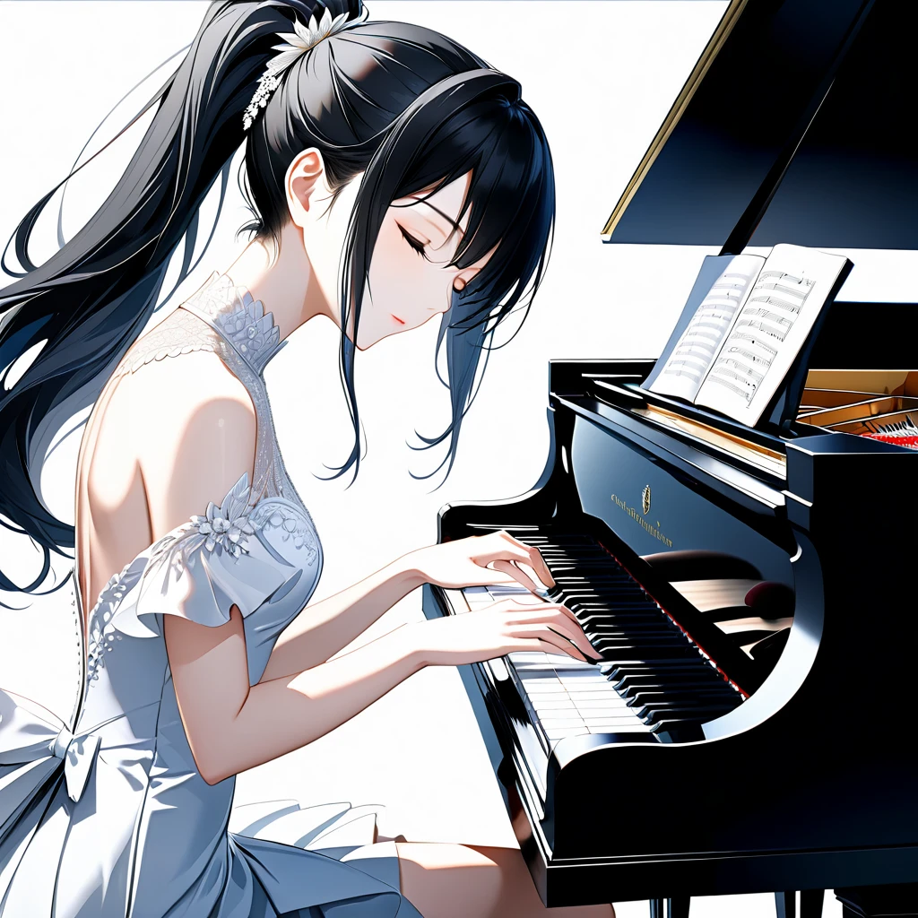 (((White background:1.5)))、(very wide shot)、(masterpiece、Ultra HD、Highest quality、Masterpiece、4K:1.2)、Slender body、Elegant pianist playing the piano、 Intricate details, Highly detailed fingers、Black hair ponytail、White elegant dress, Intricate details、(((close eyes:1.5)))