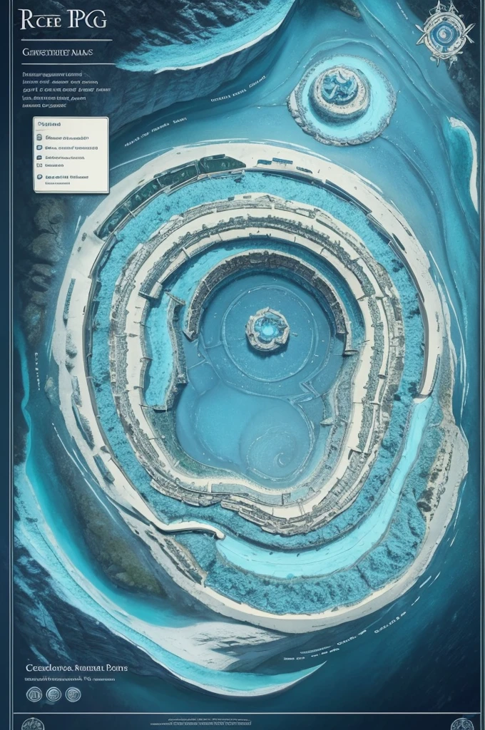 Create an RPG map seen from above ice mountains with a spiral path at the top and a flat part at the top