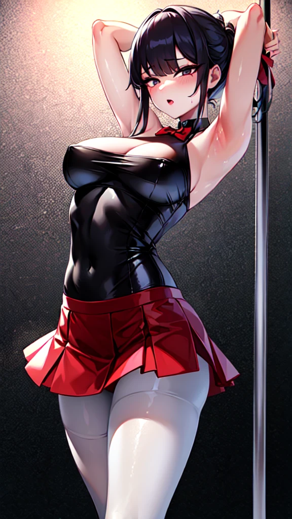 1girl, solo, komishouko hypnotized doll-like dancer figure, a shiny wax sculpture, gestures of pole dancing, artificial white wax skin, skin made of wax, shiny wax skin, Komi submissive and frozen in place as a decorative lewd and sexual statue, pantyhose , red skirt, red bow, lifeless doll-like eyes, ahegao, pole dance, arms tied up above her head, appealing expression, display, like an attraction feature, nightclub