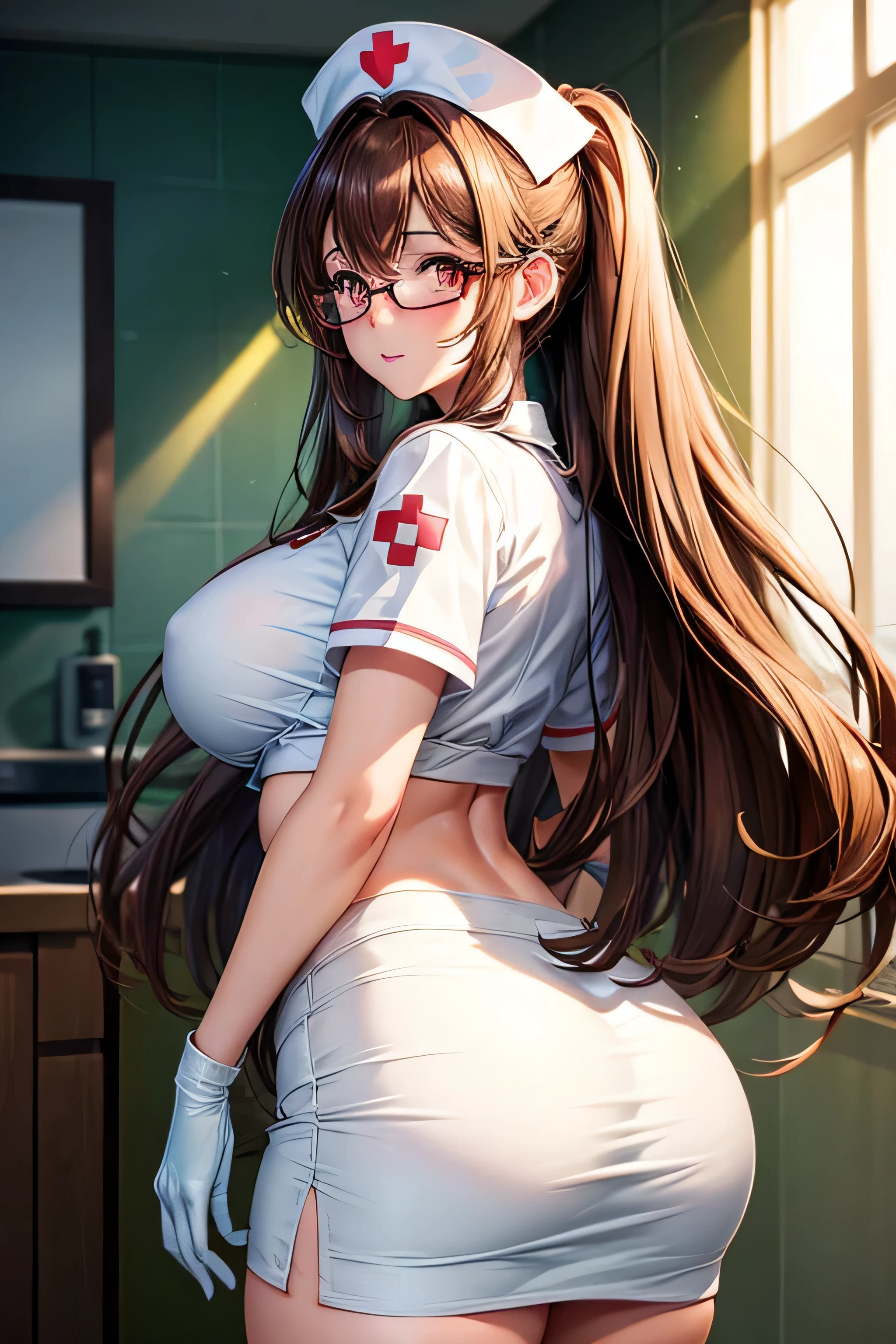 High resolution, high quality, One girl, Anime Girls, Long brown hair, Brown eyes,heart shaped pupils, Green glasses, Sunburned skin, Large Breasts,beautiful breasts, (Big Ass),beautiful ass,nurse,white skirt,standing,at hospital,Dynamic Pose,