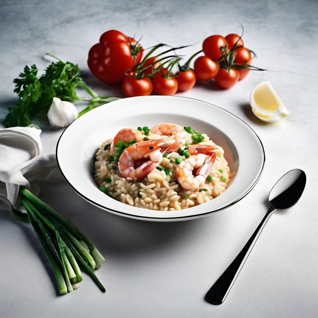 photograph from top of a dish of risotto with shrimps; food photography; aerial photography 