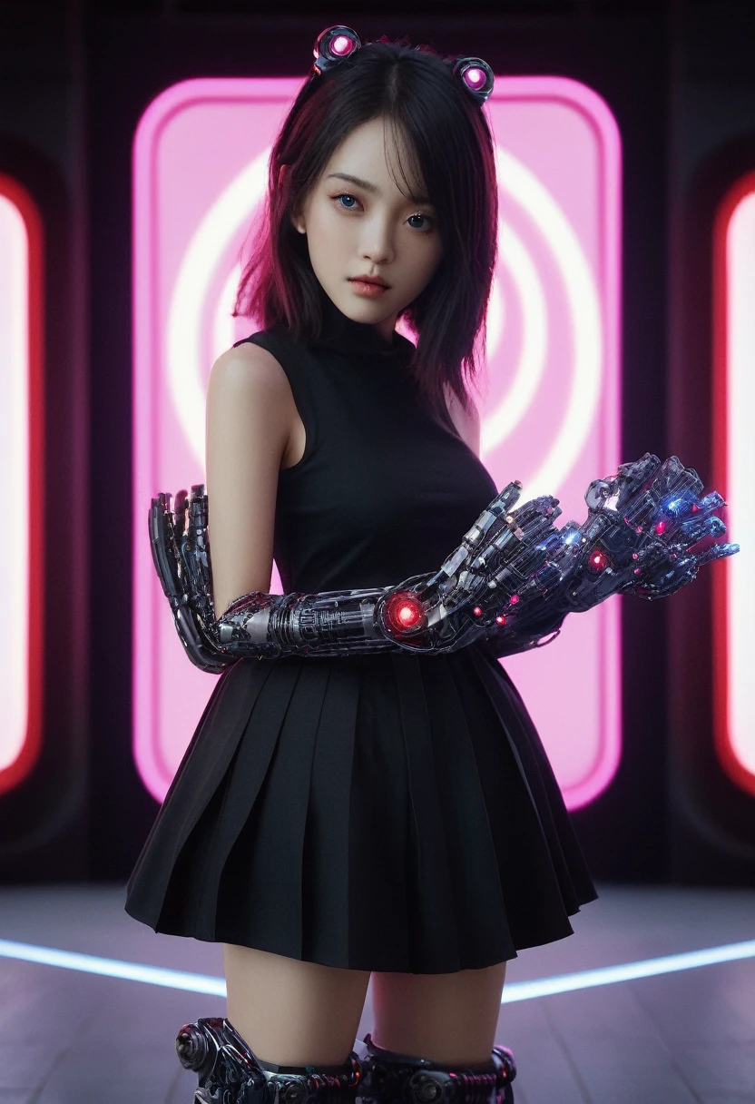 xxmixgirl. Highly detailed professional 35mm film, bokeh, face in sharp focus. A robotic female, Miku, with ((metal skin)), ((perfect Asian eyes)) with magenta irises and ((black pupils)), beautiful serious (detailed face), 18 year old ((photorealistic face)), very long magenta twin tails of magenta hair, twin black hair ties with a single red stripe. She may have a black audio headpiece. We can see her ((full body)) down to her boot soles. Her outfit is a sleeveless collared light grey shirt, outlined in red around the frilled collar and hems. Shiny reflective ((metallic breast cups, dimpleless)), invisible nipples. She wears black sleeves with red hems that start around her upper arm and bellow out as the sleeves open and extend to her wrists, with wide trumpet red rimmed cuffs. She has perfect robotic (detailed hands). She wears a red colored tie with two horizontal solid parallel black lines halfway across. She wears a fabric black skirt with a horizontal red hem at the bottom all the way around; her (((black skirt wraps around her))) and ((her skirt completely covers)) her robotic waist and thighs. Tall black boots with red bottom soles, a red rim around the top at her thighs. Her mechanical shoulder joints are visible. We can see her robotic legs and robotic neck. Half of her is covered with shiny polished machinery. The background is a distant dark neon futuristic Japanese city, gold, cyan, violet neon, near harbor or mountains.