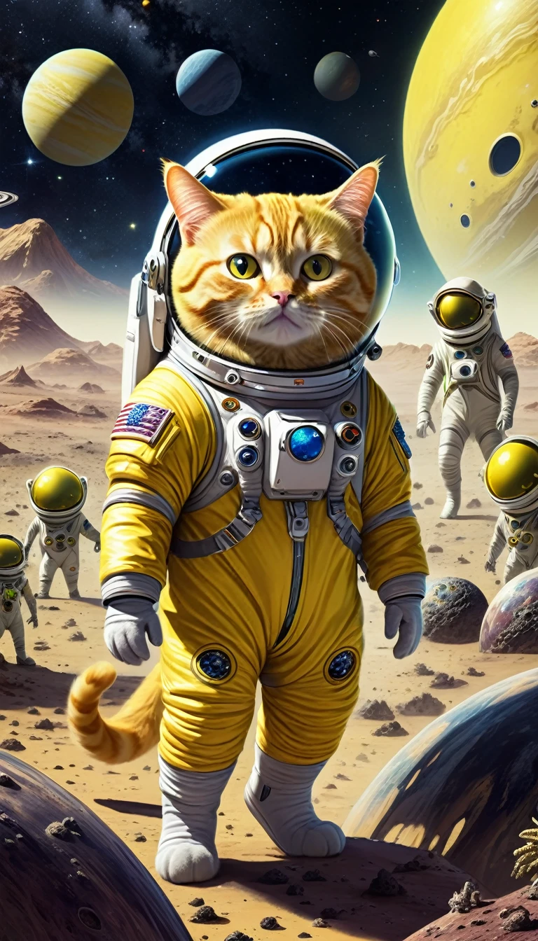 A yellow cat astronaut in a spacesuit arrives on a new planet and is surrounded by aliens who, at first glance, don't recognize him.