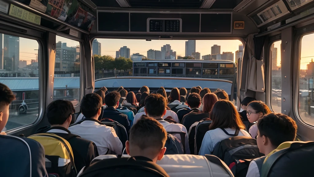 A realistic, high-quality, detailed image of a school bus filled with students. The bus is driving through a cityscape during the early morning. The scene captures the students inside the bus, some chatting, some looking out the window at the passing buildings and streets. The atmosphere is lively and filled with anticipation for the day ahead.
