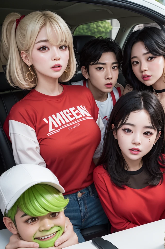 Draw an ugly caricature of an ugly anemic woman with white skin and a head of lettuce in her hand, she has to be in a truck with her 2 friends Jimin from bts and lula , he should wear a red shirt that says I love Bts