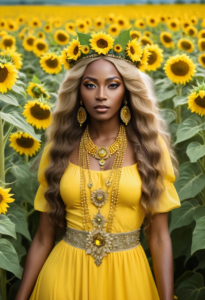 Saint Oshun surrounded by sunflowers in a field with very long and very beautiful hair and a crown of yellow gems and a long yellow dress with yellow jewels