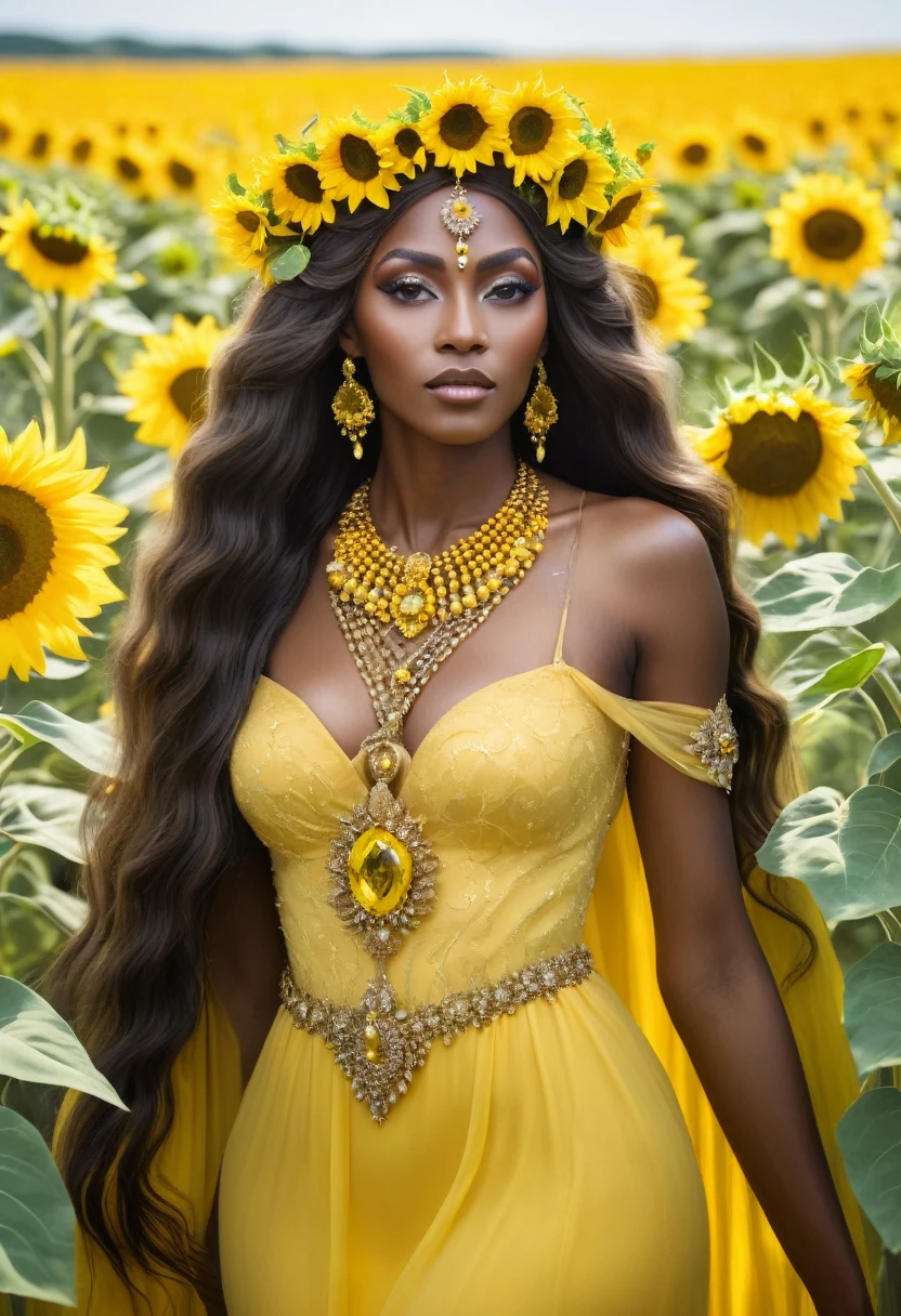 Saint Oshun surrounded by sunflowers in a field with very long and very beautiful hair and a crown of yellow gems and a long yellow dress with yellow jewels