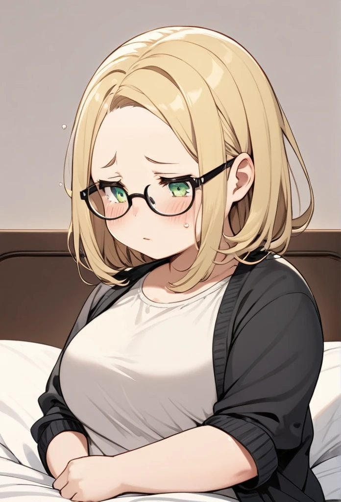 chubby girl, blonde, medium length hair, open forehead, no bangs, green eyes, black square-rimmed glasses, tears, sad, casual clothes, bed