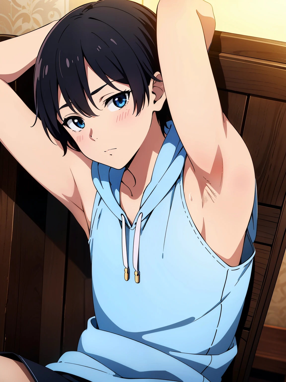 Highres, Masterpiece, Best quality at best,Best Quality,hight quality, hight detailed, Anime screencap style, 1boy, Shota, Little boy, Solo, was relaxing in a chair, tying his hair, tank top, sleeveless hoodie, Seen from the front, look at viewer, (very young boy), (very small and short body), 12-year-old boys, (Showing armpit:1.3), hansome boy, Uhd, 4k, wallpaper