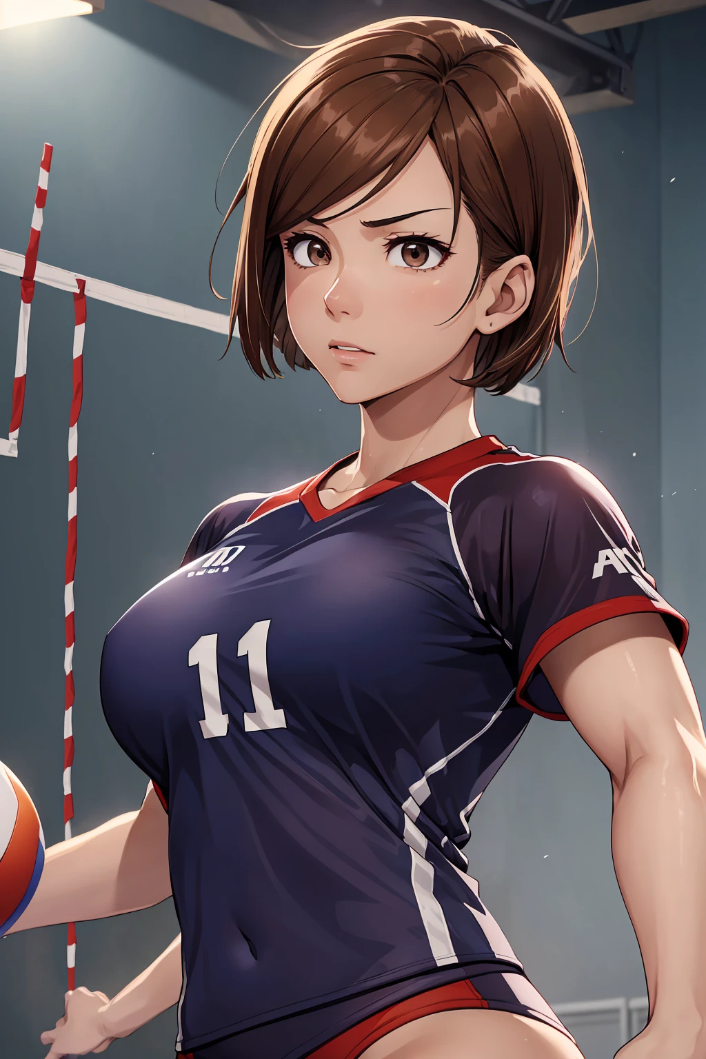 (Highest quality:1.5, High resolution, uhd, 4K, Detailed lighting, Shaders), ((Kugisaki Nobara)) ,solo short hair Brown Hair Brown eyes Cool face ((Volleyball Uniforms))++ Realistic gym Sweat Super oily skin Beautiful Abs Preparing for exercise