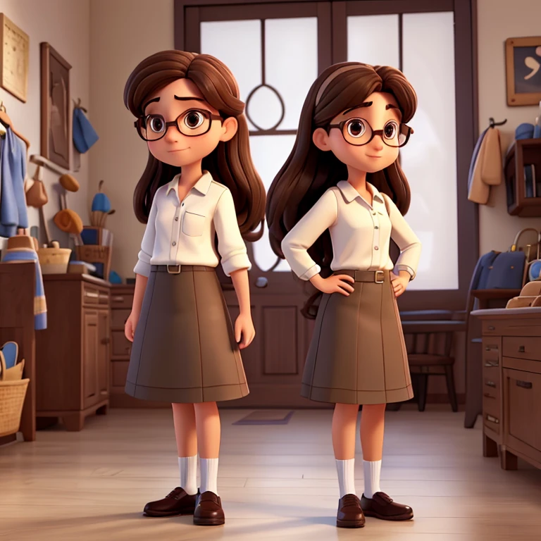 Detectives a 10 years with glasses with long dark brown hair, has brown eyes, wears a white shirt and black skirt, white shoes Disney Pixar