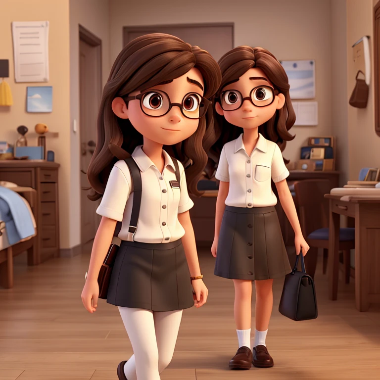 Detectives a 10 years with glasses with long dark brown hair, has brown eyes, wears a white shirt and black skirt, white shoes Disney Pixar