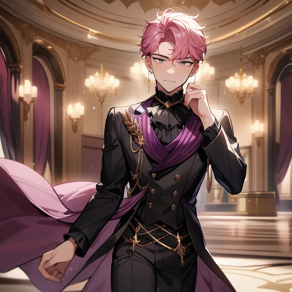 1boy, male focus, masterpiece, best quality, very aesthetic, absurdres, long pink hair, bridgerton inspired, decadent, ballroom background