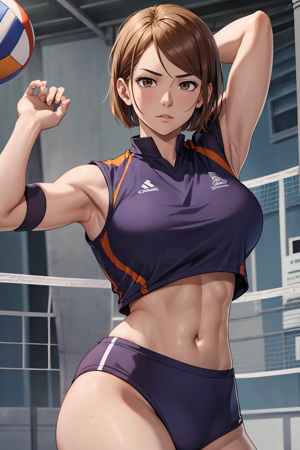 (Highest quality:1.5, High resolution, uhd, 4K, Detailed lighting, Shaders), ((Kugisaki Nobara)) ,solo short hair Brown Hair Brown eyes Cool face ((Volleyball Uniforms))++ Realistic gym Sweat Super oily skin Beautiful Abs Preparing for exercise