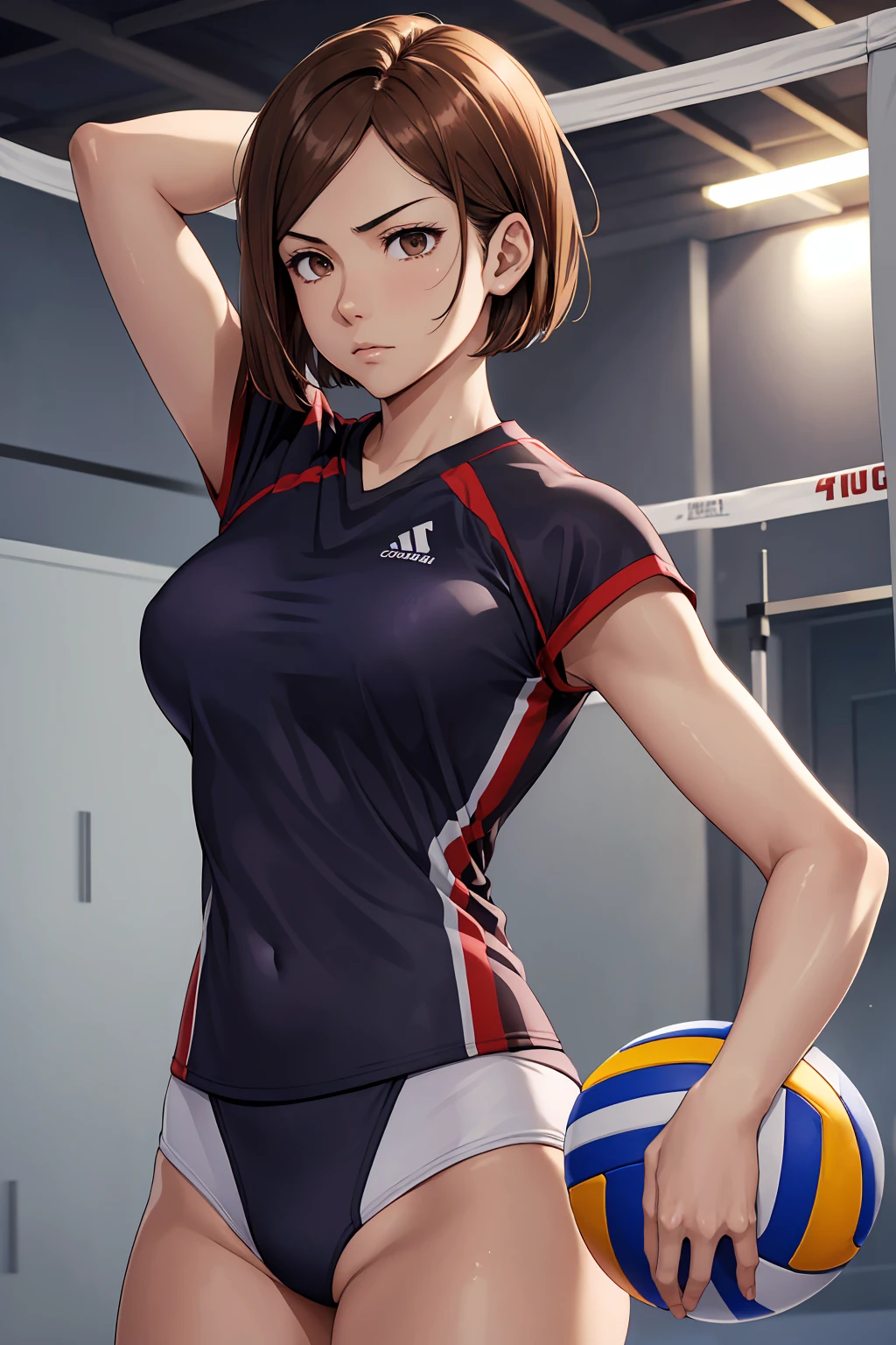 (Highest quality:1.5, High resolution, uhd, 4K, Detailed lighting, Shaders), ((Kugisaki Nobara)) ,solo short hair Brown Hair Brown eyes Cool face ((Volleyball Uniforms))++ Realistic gym Sweat Super oily skin Beautiful Abs Preparing for exercise