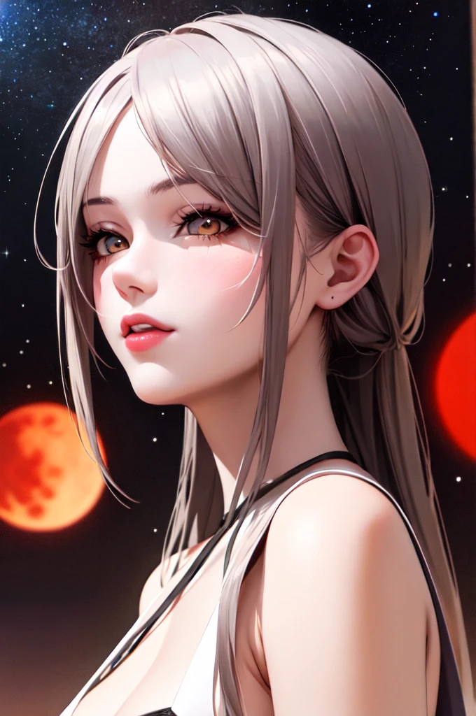 1girl, beautiful face, ((white eyes)), sexy pose, Red moon in the background, stars, space, (lightroom:1.13), soft light, (natural skin texture:1.2), (hyperrealism:1.2), sharp focus, focused,[[realistic]]