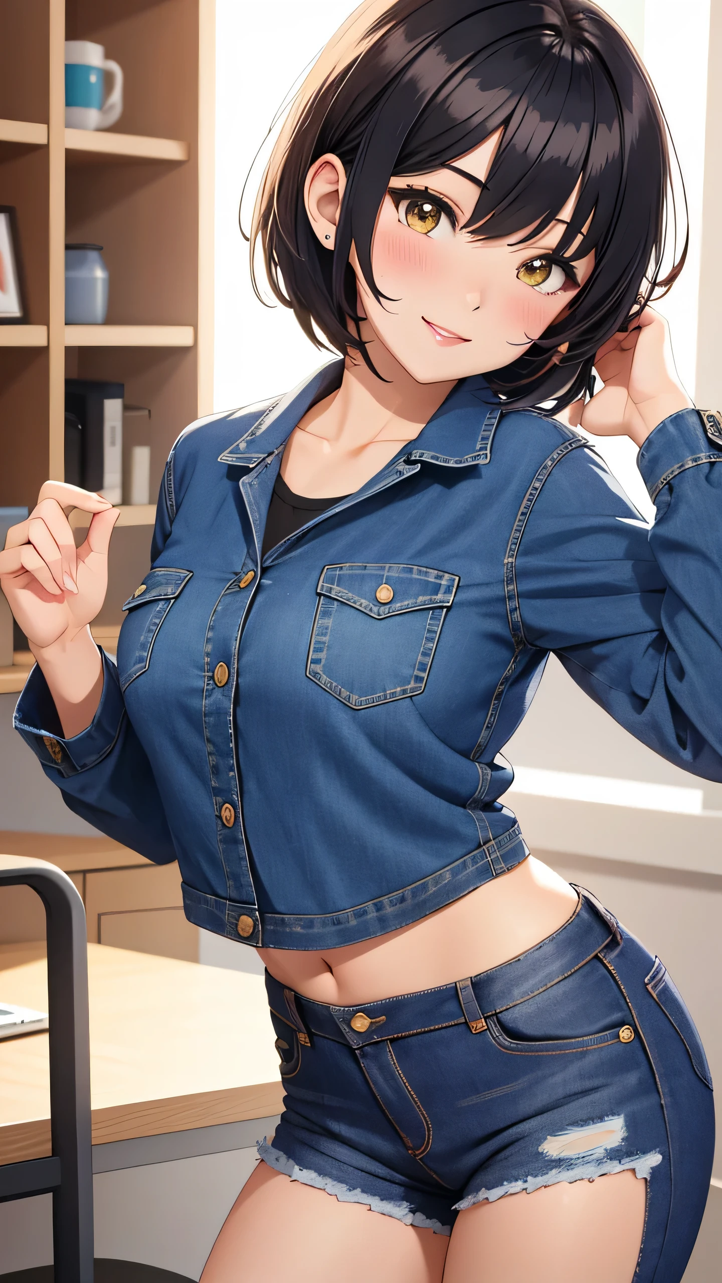 best quality, 1girl, masterpiece ultra detailed, illustration, nakanaka_omoharu, glossy lips, blush, short hair, light smile, midriff, jeans