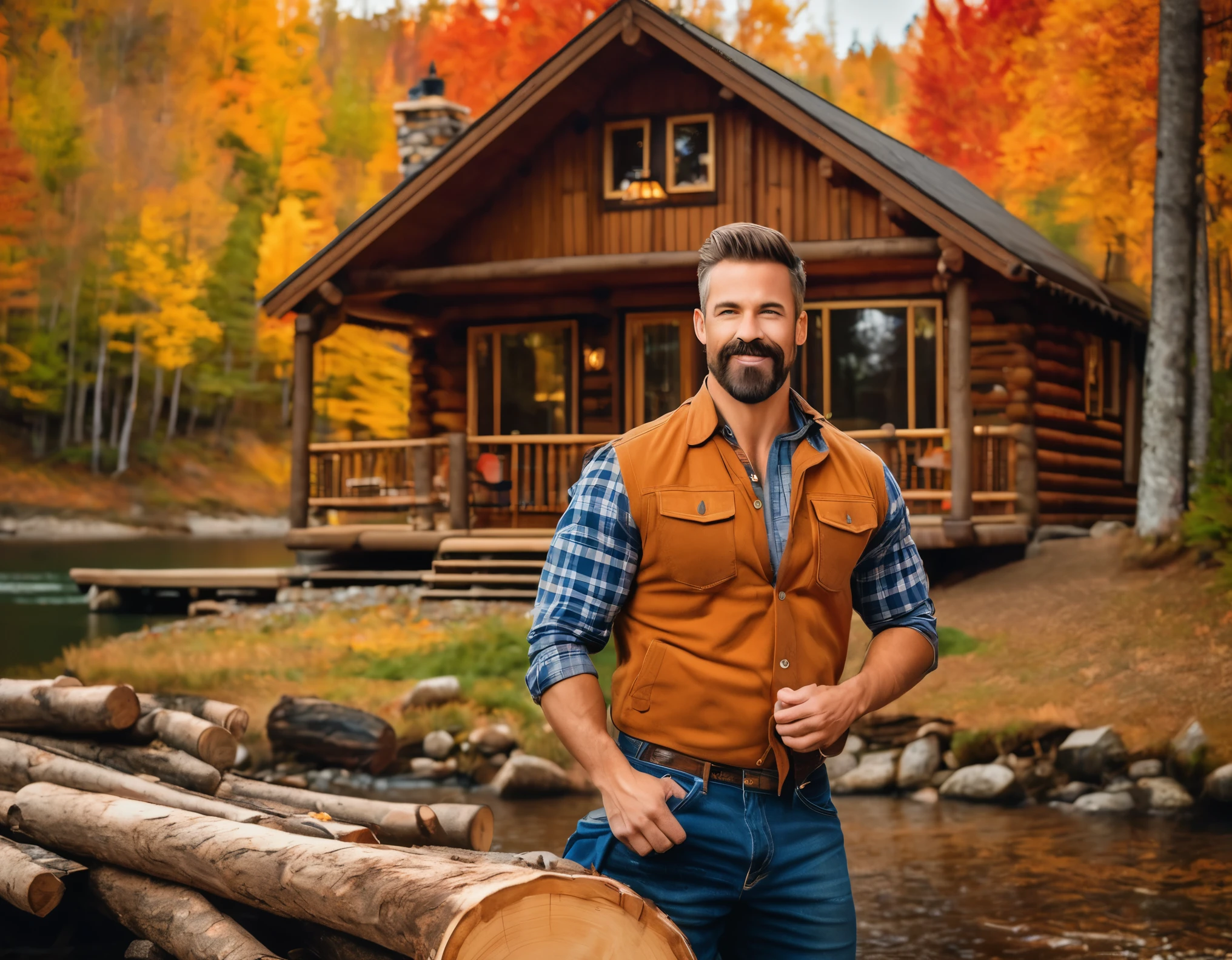 A handsome rugged man with big muscles, short random colored hair, well-manicured beard and mustache and big blue eyes. Wearing blue jeans and a flannel shirt. Chopping wood in front of a luxury log cabin next to a magnificent lake with a boat dock. It is Autumn and the trees are turning bright red, orange and yellow. Style of (Muscle Core:1.6). (Distant full body view:1.5). Hyper realistic photo, vibrant colors, 16k