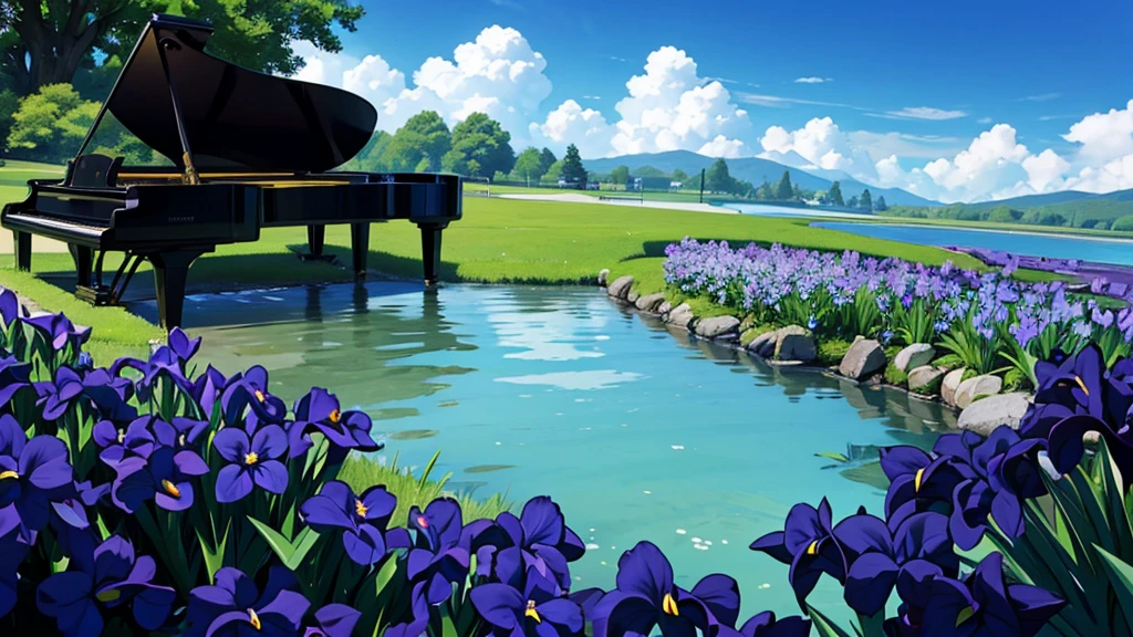 A large black grand piano placed beside a small stream lined with irises、White clouds in blue sky