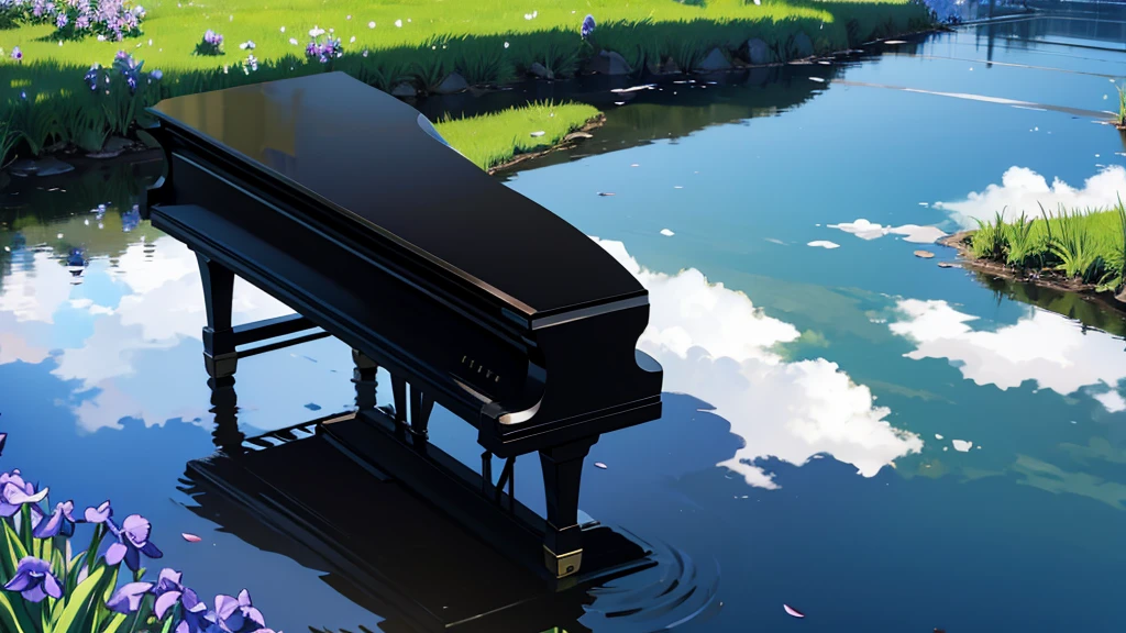 A large black grand piano placed beside a small stream lined with irises、White clouds in blue sky