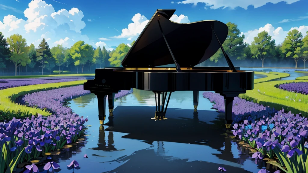 A large black grand piano placed beside a small stream lined with irises、White clouds in blue sky
