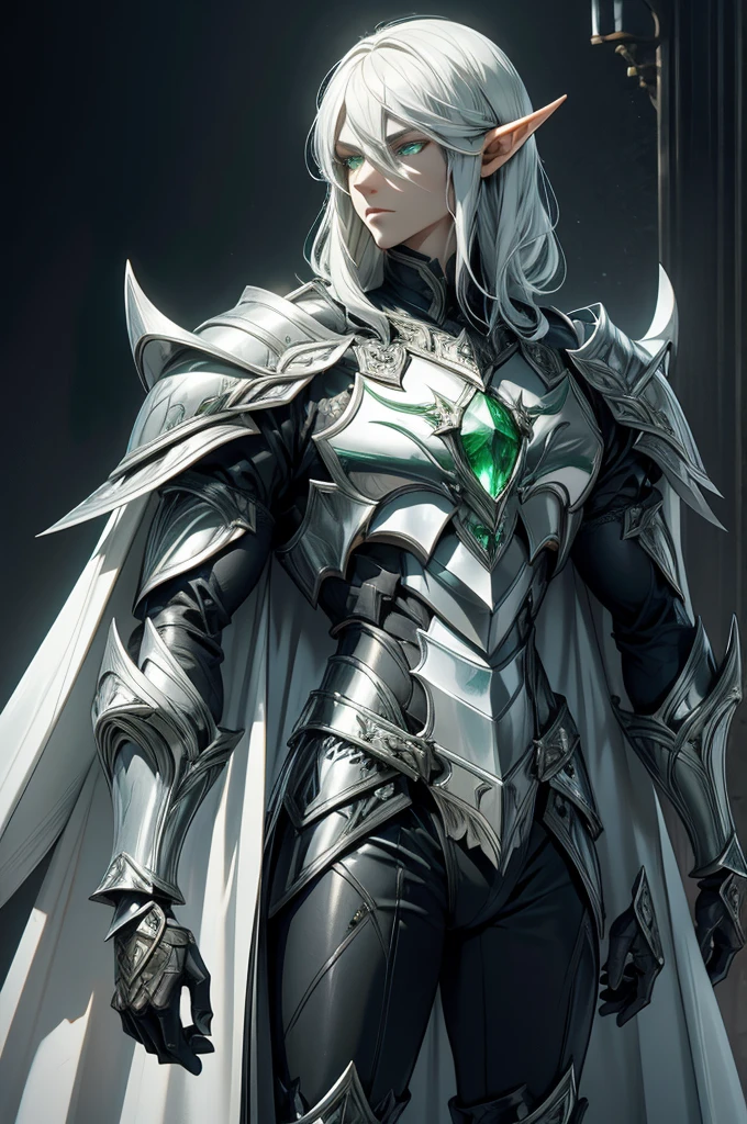 male half elf knight, full body art, silver hair, white skin, emerald iris eye, knight full plate adorned dark armor, blacked cape, perfectly detailed.