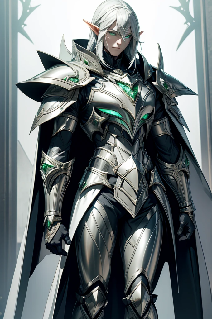 male half elf knight, full body art, silver hair, white skin, emerald iris eye, knight full plate adorned dark armor, blacked cape, perfectly detailed.