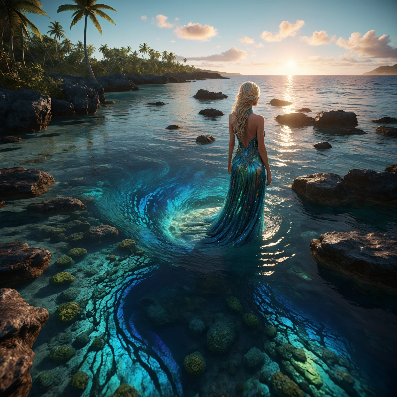 On a dark, moonlit night, from a high vantage point, observe a turquoise-blue lagoon stretching to the horizon. To the left, a palm-fringed beach nestles beneath a crystalline turquoise lagoon, where coral reefs and multicolored bioluminescent aquatic fauna are precisely revealed, animated by delicate waves. In the sky, a swirling galaxy evolves into a giant blue eye, more detailed and majestic, embedded in a starry sky adorned with nebulae and cosmic dust. The vivid reflections of this blue eye and the starry sky shimmer intensely on the surface of the water. Along the shore, a blonde woman with long, flowing hair, dressed in a transparent, finely detailed dress that seems woven from celestial fabric, stands absorbed in the wonders of the universe. The water beside her is crystal-clear, revealing multicolored bioluminescent algae and marine life rich in detail. This work should capture the essence of lunar luminism and fantastical realism on an intricately detailed background, rendered in ultra-realistic 8k resolution for hyper-realistic finesse evoking enchanted photographic effects. Evoke elements of modern fantasy popular on Artstation Unreal Engine 5 with vivid, ink-stained colors, maximalism styling, matte painting techniques offering extended depth of field, while preserving realistic reflects.
