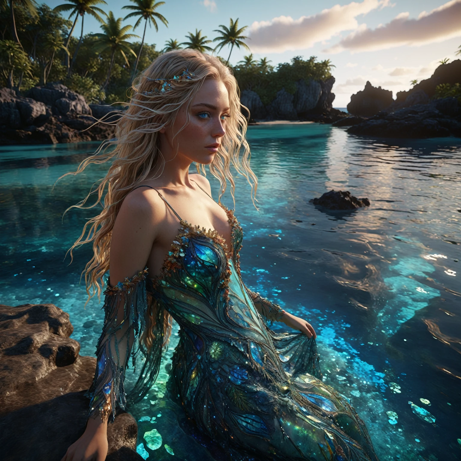 On a dark, moonlit night, from a high vantage point, observe a turquoise-blue lagoon stretching to the horizon. To the left, a palm-fringed beach nestles beneath a crystalline turquoise lagoon, where coral reefs and multicolored bioluminescent aquatic fauna are precisely revealed, animated by delicate waves. In the sky, a swirling galaxy evolves into a giant blue eye, more detailed and majestic, embedded in a starry sky adorned with nebulae and cosmic dust. The vivid reflections of this blue eye and the starry sky shimmer intensely on the surface of the water. Along the shore, a blonde woman with long, flowing hair, dressed in a transparent, finely detailed dress that seems woven from celestial fabric, stands absorbed in the wonders of the universe. The water beside her is crystal-clear, revealing multicolored bioluminescent algae and marine life rich in detail. This work should capture the essence of lunar luminism and fantastical realism on an intricately detailed background, rendered in ultra-realistic 8k resolution for hyper-realistic finesse evoking enchanted photographic effects. Evoke elements of modern fantasy popular on Artstation Unreal Engine 5 with vivid, ink-stained colors, maximalism styling, matte painting techniques offering extended depth of field, while preserving realistic reflects.
